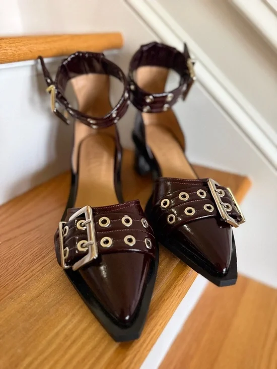 Ganni Chunky Buckle Open-Cut Pumps Burgundy Faux Leather  40  (US 9–9.5) - Picture 2 of 11